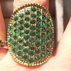 Green Rhinestone Gold Plated Stretchy Ring